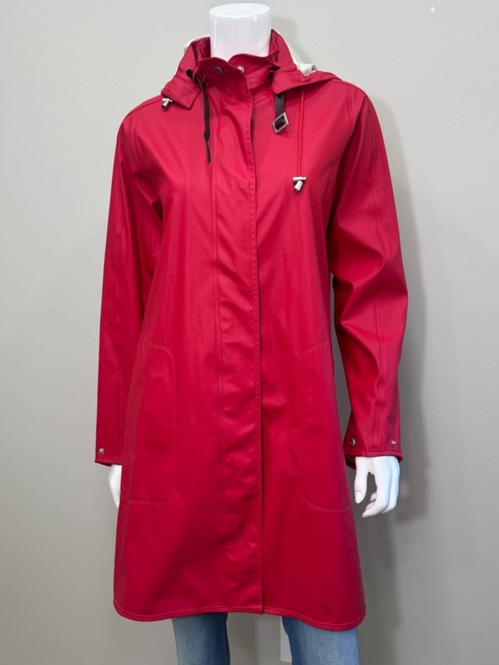 ILSE JACOBSEN RAIN71 Red Waterproof Hooded Long Raincoat Jacket Size 4